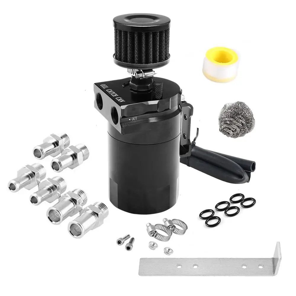 Auto Baffled Oil Catch Can Reservoir Tank met luchtfilter Ontluchter Baffled Aluminium fittingen Oliepeilstokgat Ademende waterkoker