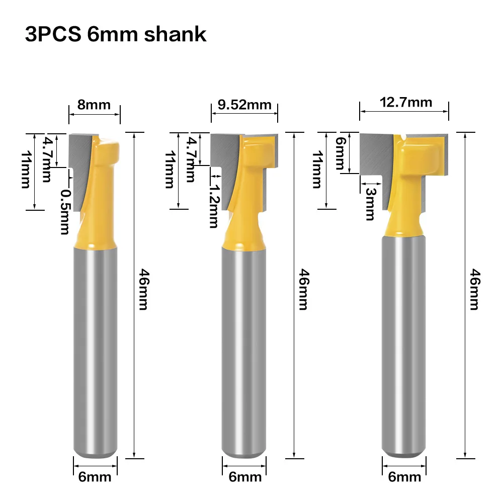 VACK 1/4" 6mm Shank T-Slot Router Bill  For Wood Milling Cutter 6.35mm Set Hex Bolt Key Hole Bits T Slotting Milling Tools
