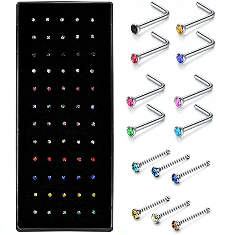40/60 Piece/Set Stainless Steel L Shape Nose Stud Pack 20G Crystal Straight Stud Nose Ring Set Nose Stud Lot Piercing Nariz Pin