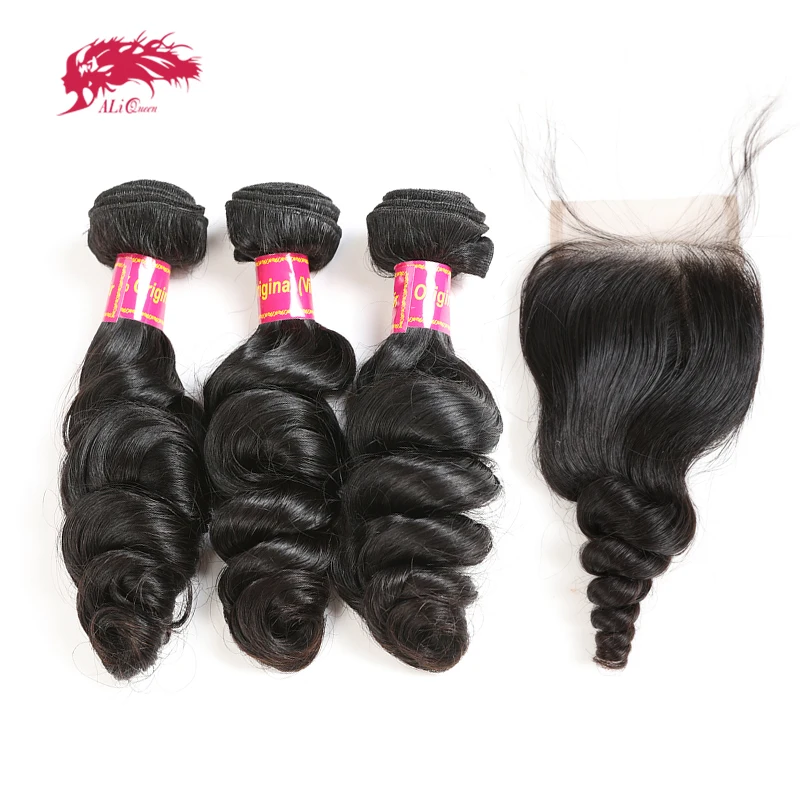 Ali Queen Human Hair Bundles With 4X4 Lace Closure Free Part Pre-Plucked Brazilian Loose Wave Virgin Hair Bundles With Closure