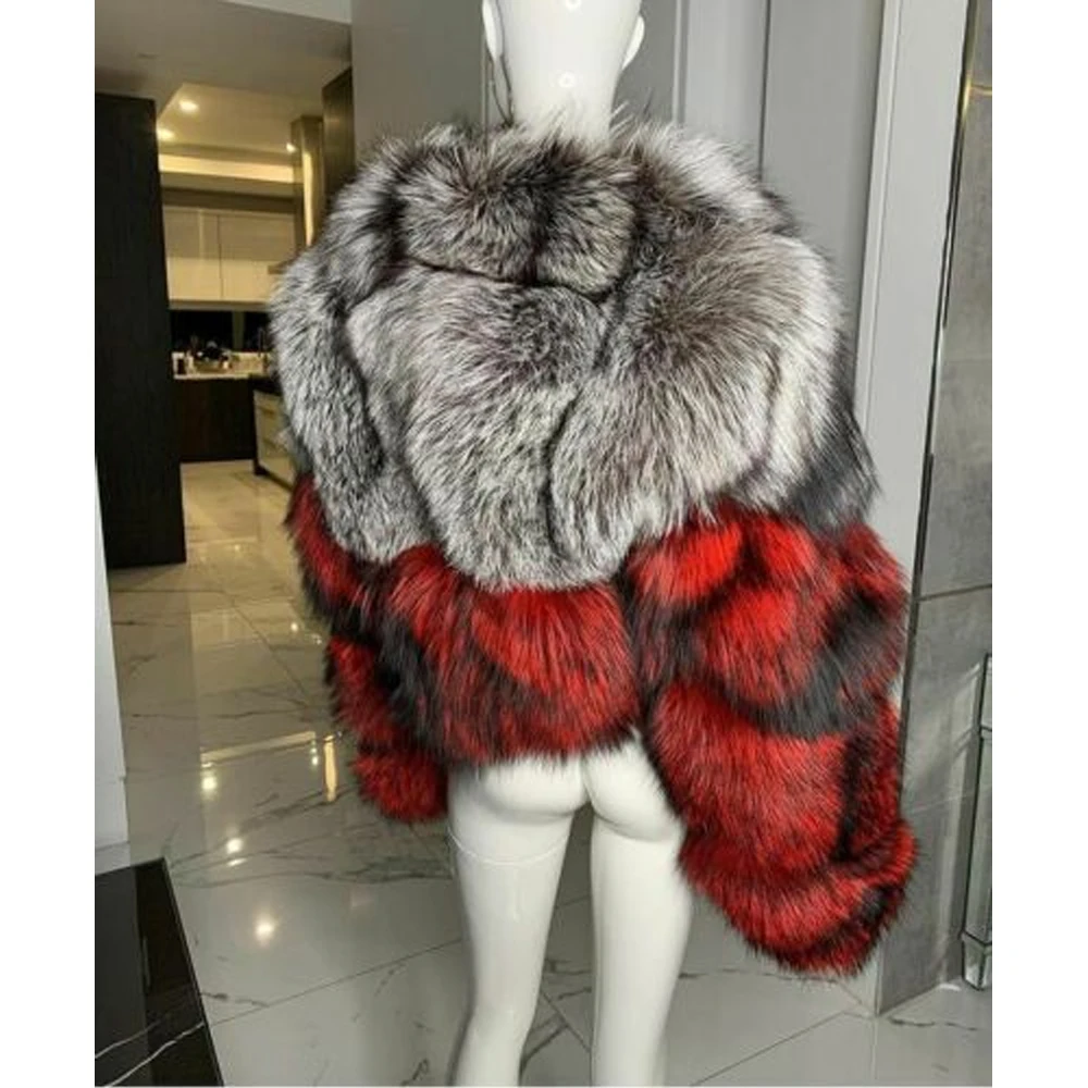 Natural Silver Fox Fur Jacket Round Collar 2022 Winter New Trendy Whole Skin Genuine Silver Fox Fur Coats Female Outwear Luuxry