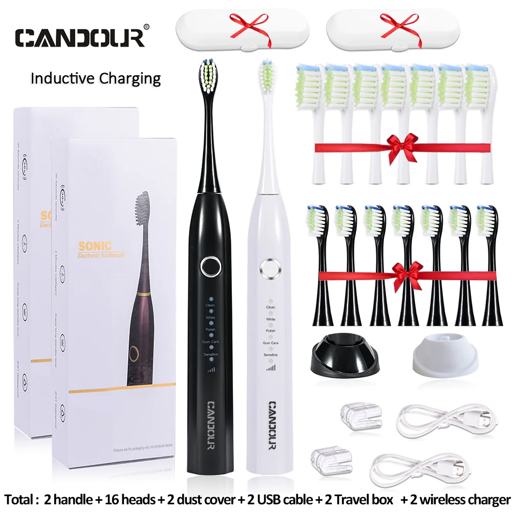 CANDOUR CD5166 Electric Toothbrush USB Charge Rechargeable Sonic Tooth brush For Adult Replacement Brush Head with 16 Brush Head