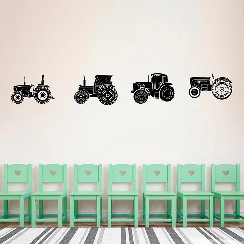 Set Of 4 Tractor Truck Car Wall Sticker Boy Room Play Room Tractors Farm Truck Wall Decal Bedroom Vinyl Decor