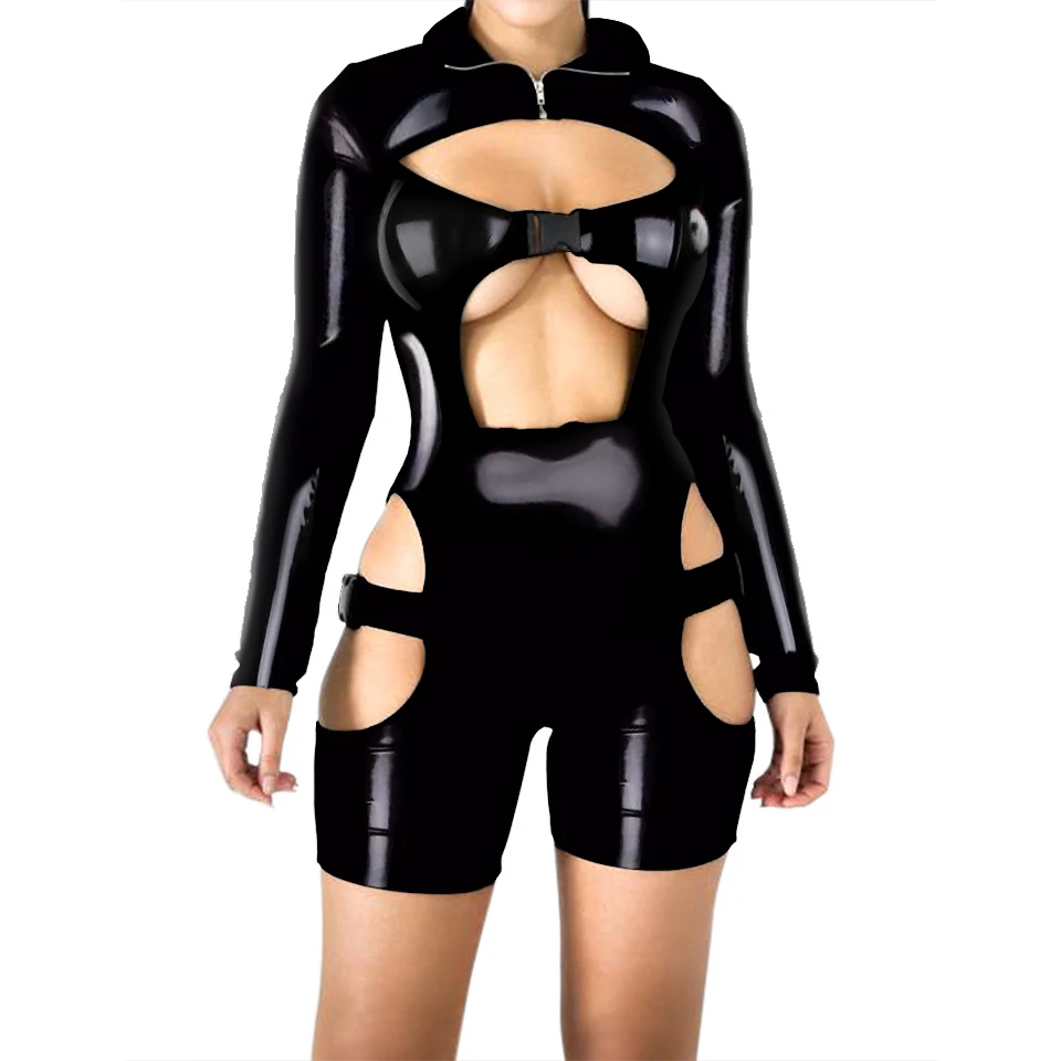 

Sexy woman Latex Bodycon Buckle Cut Out Biker Romper Long Sleeves Hollowing Out Clubwear Bodysuit Short Jumpsuit Latex Catsuit