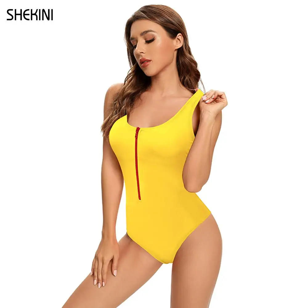 SHEKINI Women\'s Zipper Front Low Back High Cut One Piece Swimsuit Bathing Suit No Padding Bra Swimwear 2021 Beach Clothes