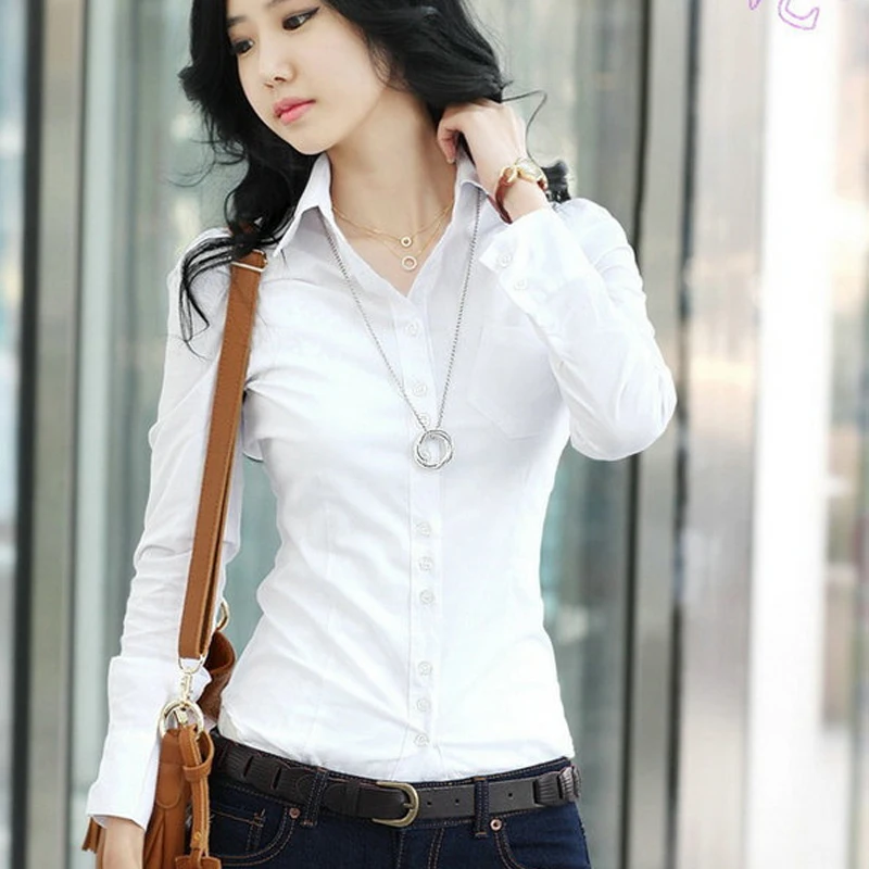 Fashion Women\'s OL Shirt Long Sleeve Turn-down Collar Button Lady Blouse White Black Short Sleeve Tops