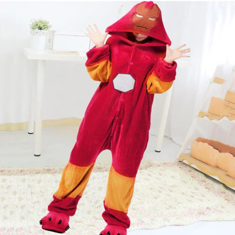 Iron Man Anime Pajamas Onesie Kugurumi Costume Women Man Winter Flannel Super Hero Adult Nightie Sleepwear Overall For Girl