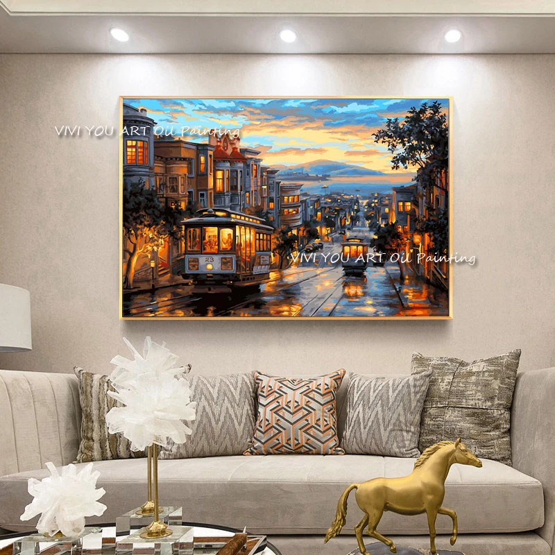 

Orange Blue Canvas Painting Romantic City Couple Posters 100% Handmade Nordic Wall Art Picture for Living Room Home Decoration