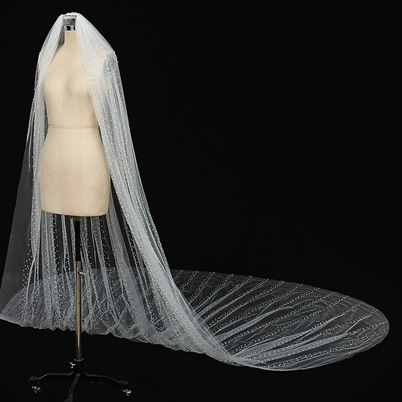 New Arrival Cathedral wedding veil Pearls Beaded Ivory Bride Wedding accessories Boda Velos de novia bridal headwear