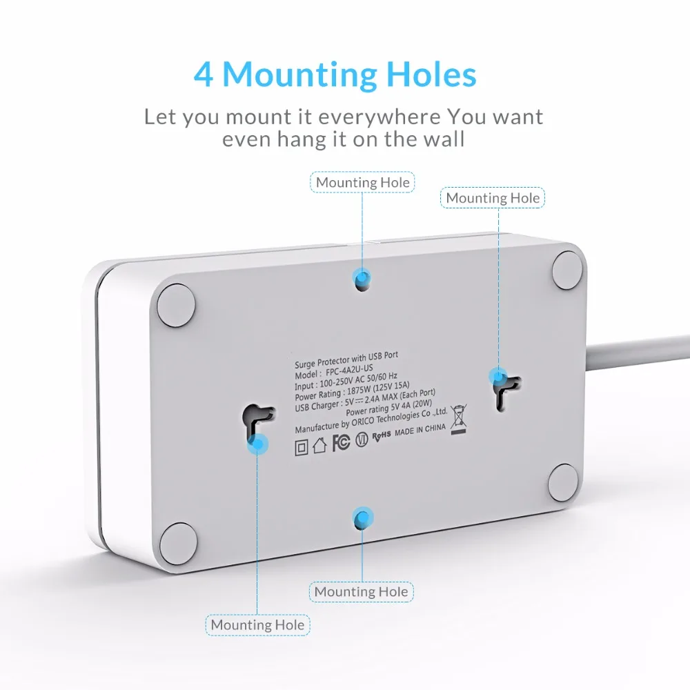 ORICO US Plug Electrical Socket Power Strip 8AC Outlets 2 USB Ports For Home Office Surge Protector