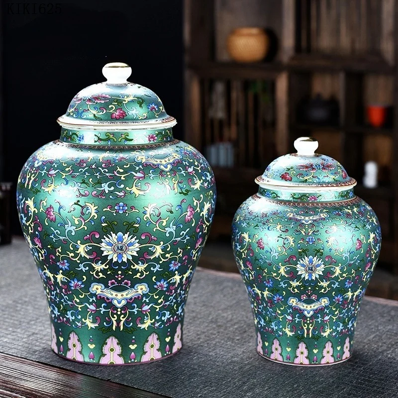 

European-style Palace Enamel Painted Storage Jar with Lid Gilded Sealed Ceramic Tea Pot Flower Vase Crafts Home Decoration Gift