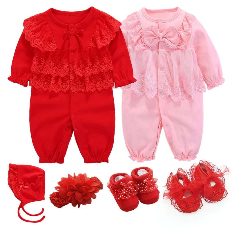 Newborn Baby Girl Clothes Lace Jumpsuits & Hats Clothing Sets Princess Girls Fall Spring Pink Romper Baby Girl Socks 3 6 9 Month