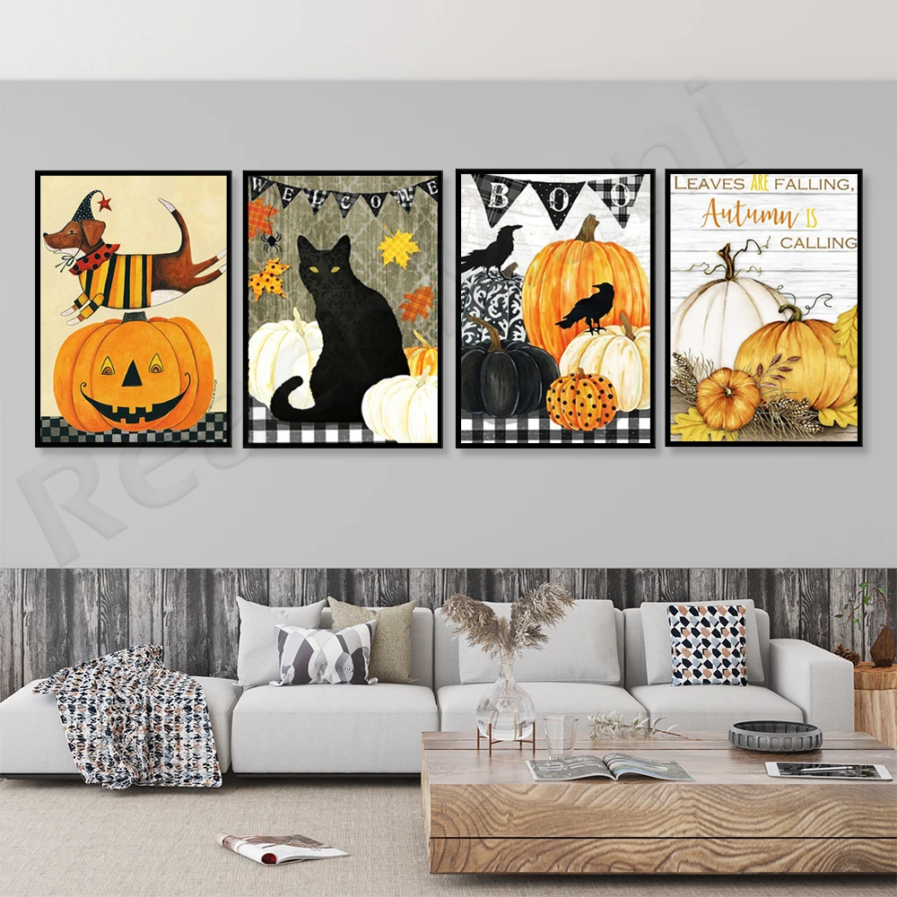 

Halloween pumpkin art print, black cat art, halloween gallery wall, black cat halloween art spooky decoration poster