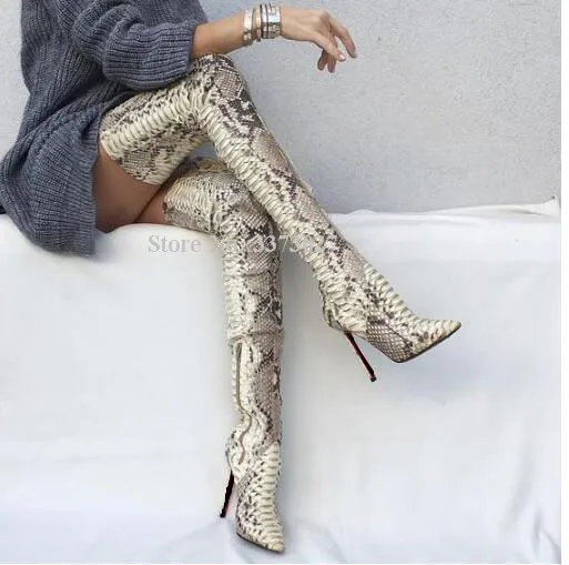 Sexy Snakeskin Women Long Boots Fashion Mixed Color Stiletto Heel Thigh High Boots Lady Real Photos Over the Knee Winter Boots