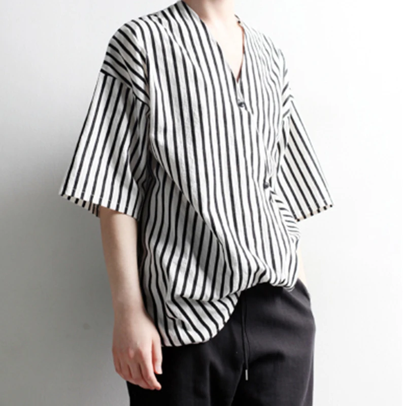 S-4XL Trendy Men's Personality Vertical Stripe Short Sleeve Shirt Shirt V-Neck Loose Irregular Asymmetric Japanese Personality T