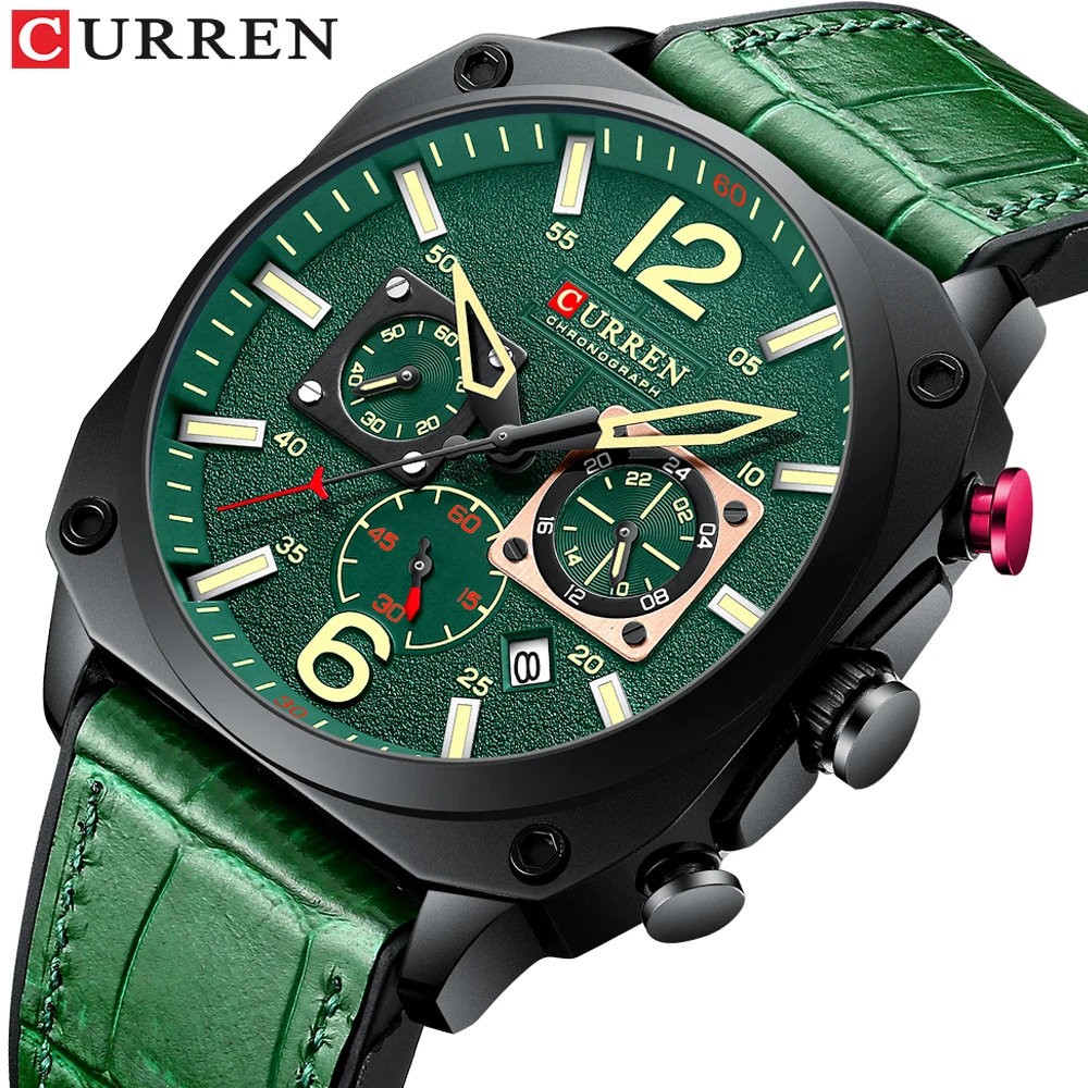 CURREN Brand Watches Business Men Luxury Chronograph and Date Wristwatches New Green Male Clock with Luminous