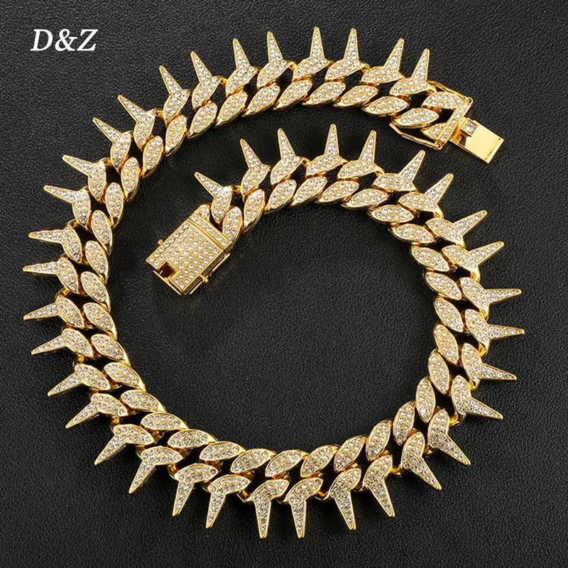 D&Z New 25MM Thorns Cuban Link Chain Hip Hop Iced Out Bling Rhinestone Miami Cuban Link Chain Necklace For Women Fashion Jewelry