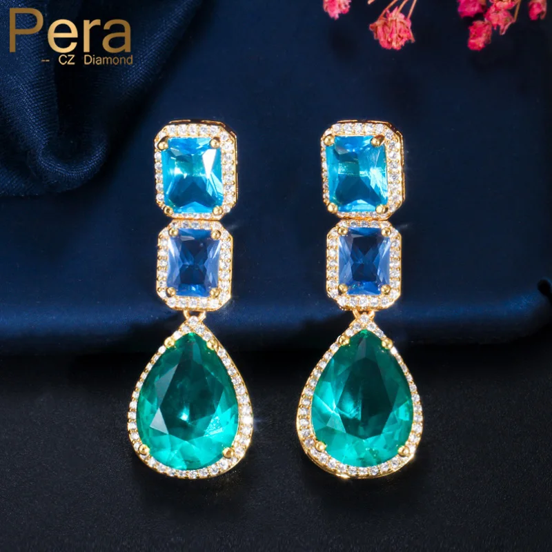 Pera Brand Fashion Square and Water Drop Blue Green CZ Indian Gold Color Long Dangle Earrings for Ladies Party Jewelry E586