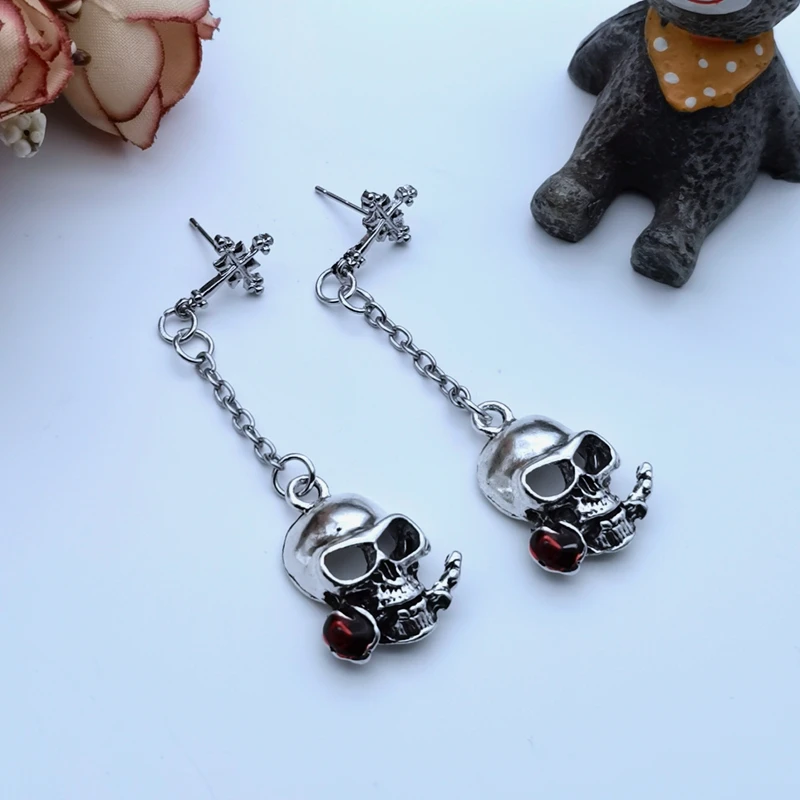New Gothic Skull Rose Blood Red Drop Oil Earrings Black Halloween Earrings