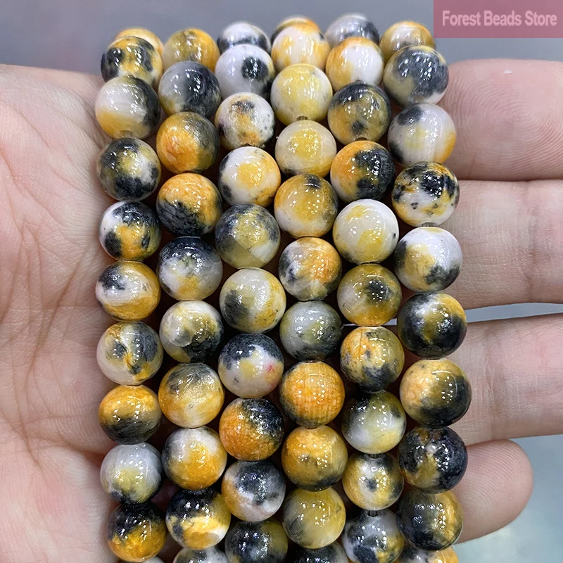 Natural Stone Yellow Black Persian Jades Round Loose Beads 6/8/10/12mm DIY Jewelry Making for Accessories Necklace Bracelet 15''