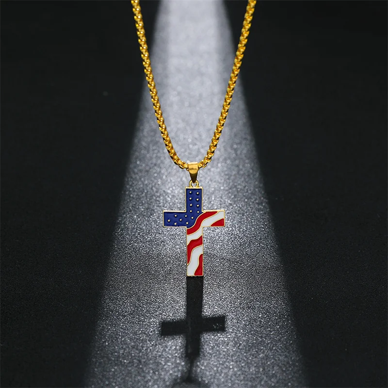 Novelty America Flag Pendant Enamel Cross Necklace Gold Silver Color Chain Necklace Christian Jesus Fashion jewelry For Men