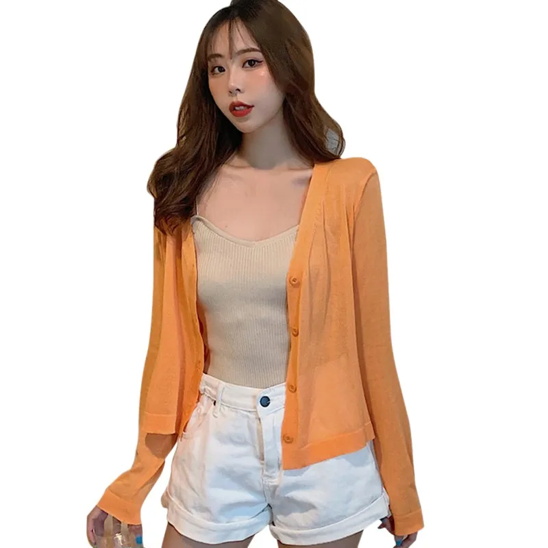  Summer Sun Protection Cardigan Women Loose Solid Thin V-Neck Button Knit Long-Sleeved Tops