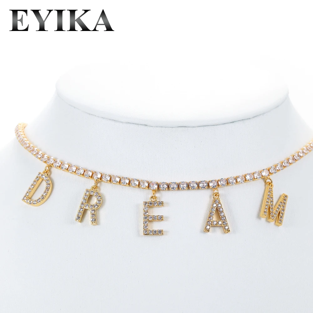 EYIKA Trendy Gold Plated Letter Word DREAM AMORE Pendant Necklace Zircon Tennis Chain Choker Birthday Party Gift Women Jewelry