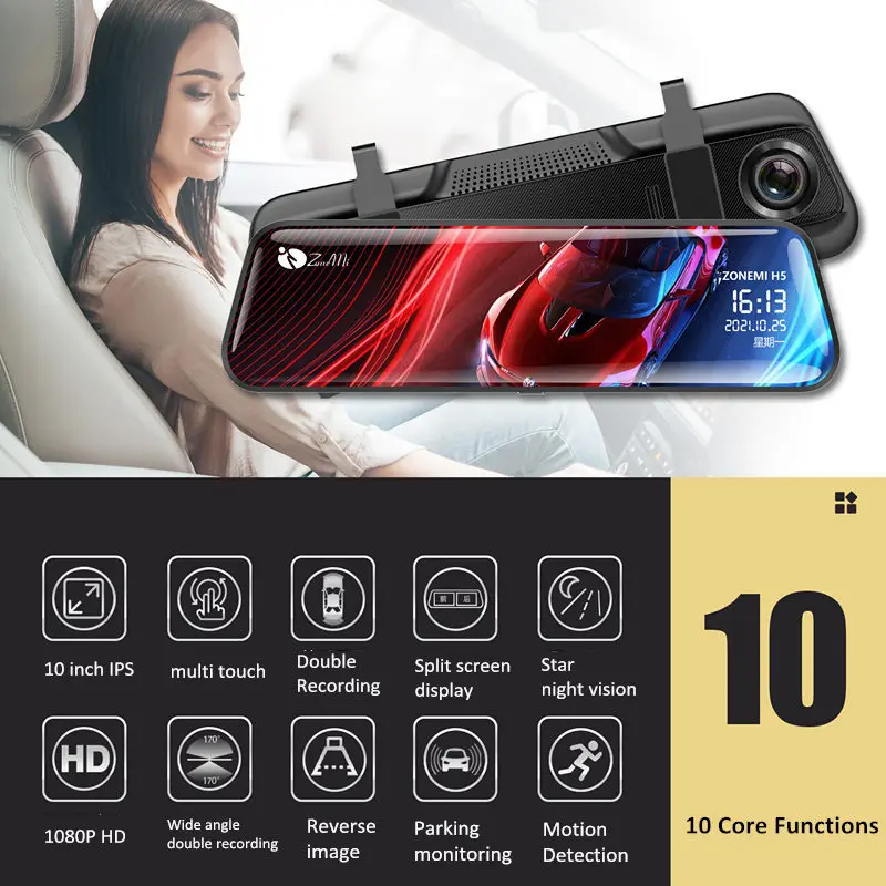 New Car 10 inch Car DVR Full screen Stream Media Rearview Mirror driving Recorder 1080P HD night vision front and rear camera