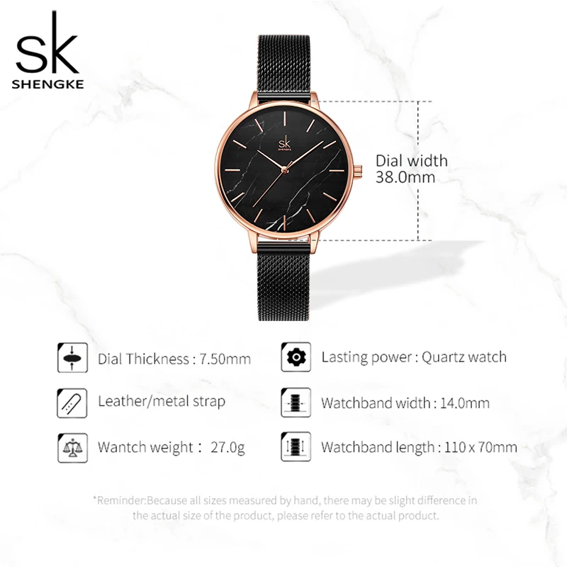 Shengke New Women Watch Black Stainless Steel Band Watch Marble Surface Reloj Mujer Japanese Quartz Brand Watch for Girl