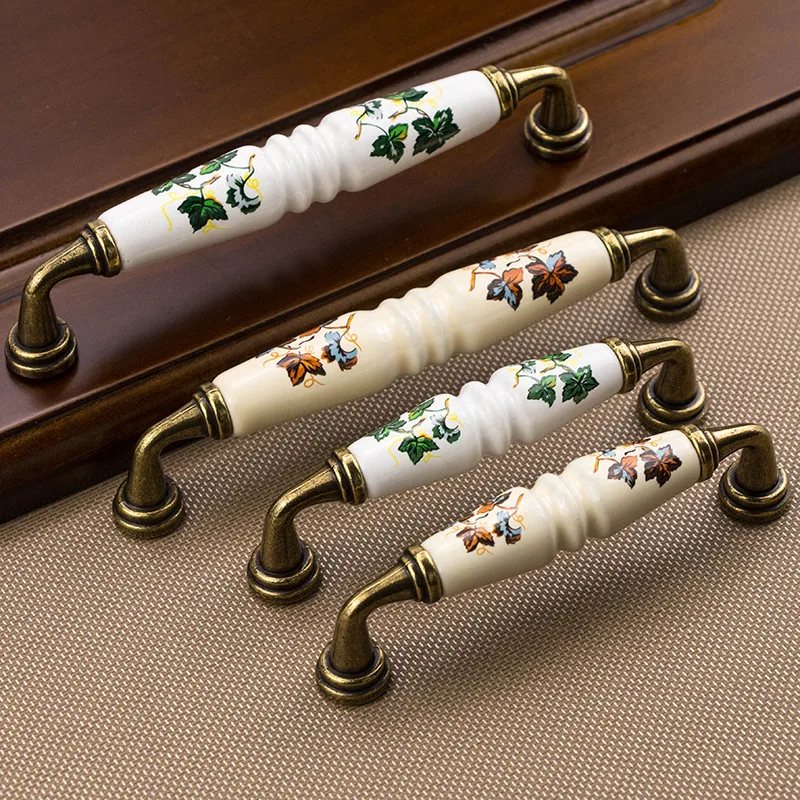 Vintage Rural Kitchen Ceramic Drawer Cupboard Door Handles and Pulls Green/Red Leaves Dresser Knobs Furniture Handle Hardare