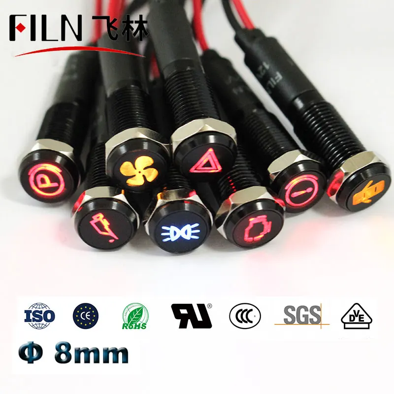 FILN 8mm black housing led red yellow white blue green 12v led indicator light with 20cm cable