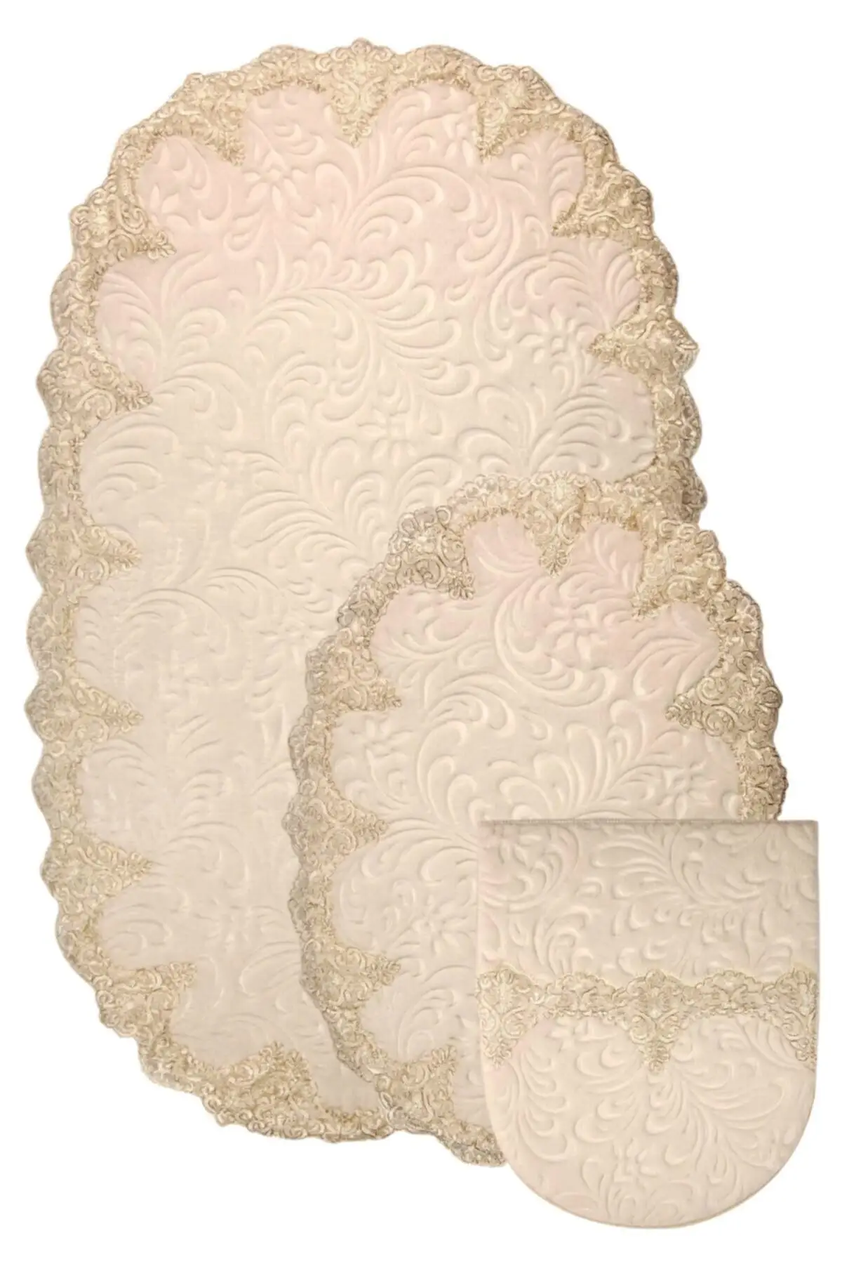 Cream Plush Luxury Oval Dowry French Lacy Laced Toilet Seat Pad Bath Mat Set 3'lü