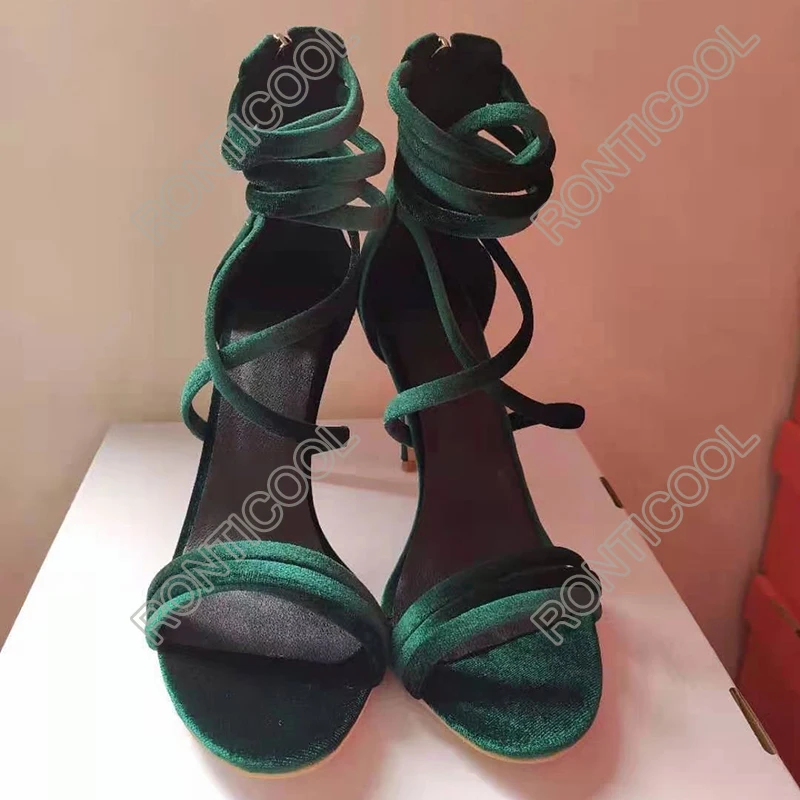 Ronticool 2021 Hot Handmade Women Summer Sandals Stiletto High Heels Open toe Fabulous Dark Green Party Shoes Women US Size 5-15