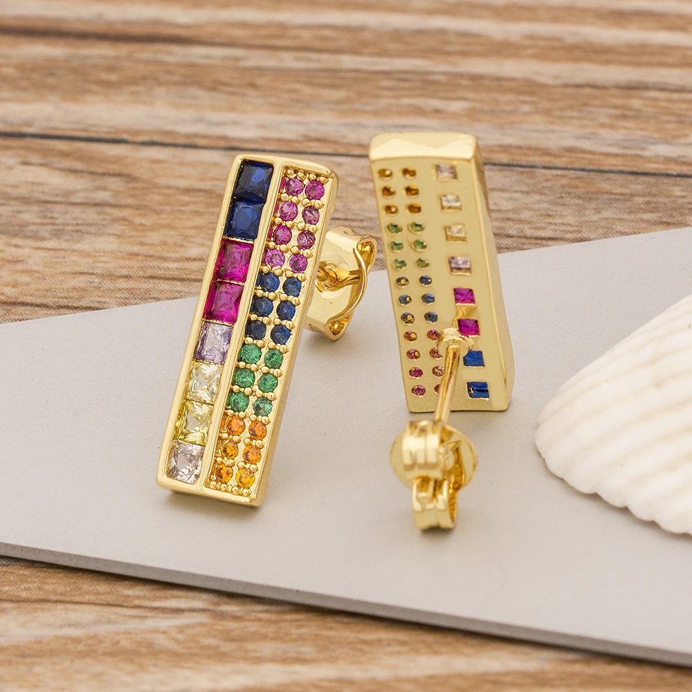 New Trendy Rectangle Stud Earrings Copper Cubic Zircon Rainbow Earrings Jewelry For Women Girls Party Wedding New Year Gift