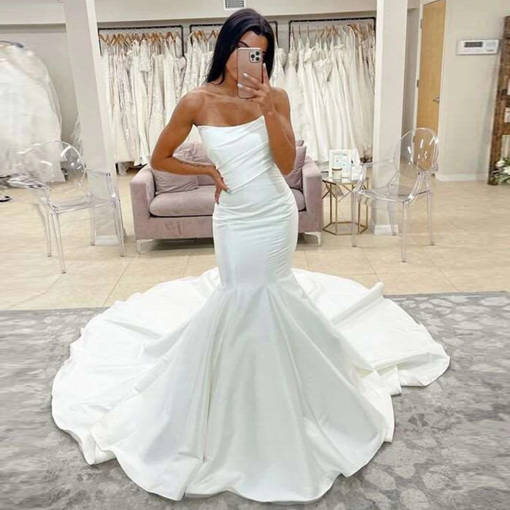 

Angelsbridep Satin Mermaid Wedding Dress 2022 Lace-up Back Sexy Bridal Gown Of Shoulder Court Train Formal Dress Robe De Mariée