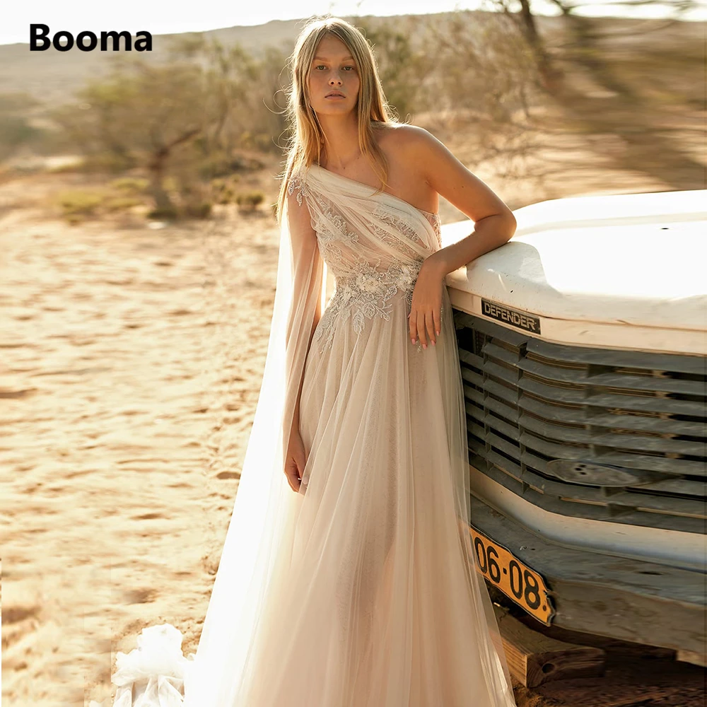 

Booma One Shoulder Beach Wedding Dresses Watteau Train Lace Appliques A-Line Boho Bride Dresses Open Back Tulle Wedding Gowns