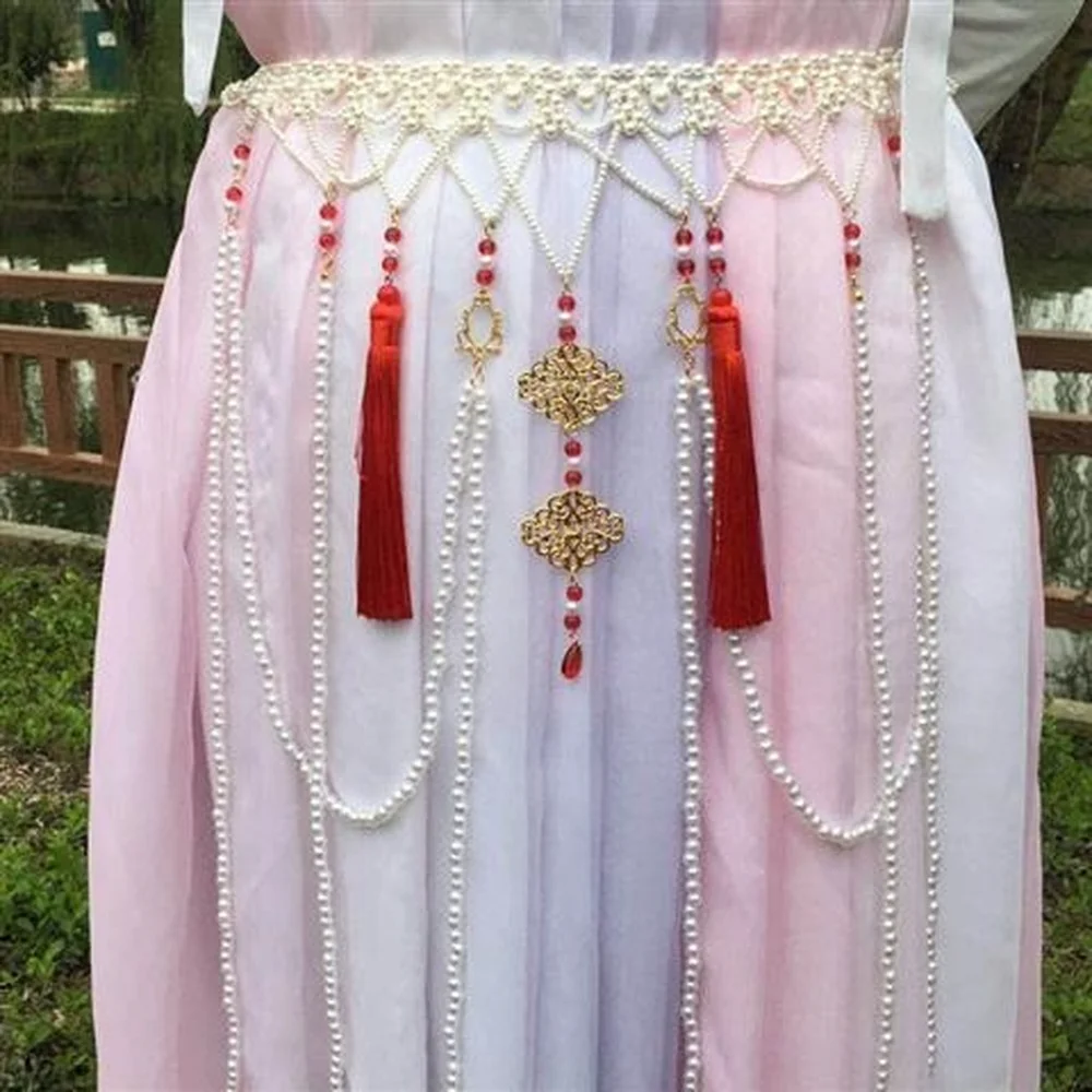 Bijoux antiques Hanfu, longue chaîne de taille, perle, taille blanche, style Tang, collier de réservoir, jupe de taille, accessoires pour femmes