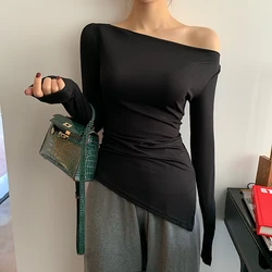 Off Shoulder Skew Collar Solid Full Sleeve T-shirts Girls Sexy Chic Irregular Split Tshirts Tops For Woman 2019 Autumn