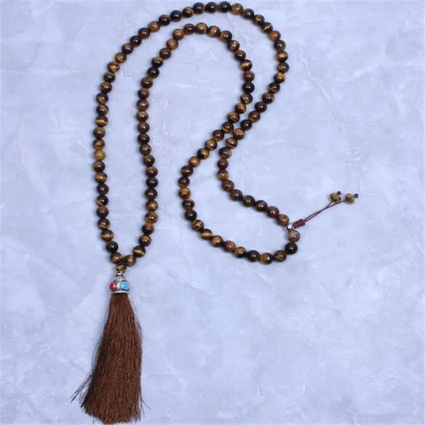 

8mm Tiger Eye Gemstone 108 Buddha Beads Tassels Mala Necklace Wrist Bless Healing Meditation pray Chakas yoga Unisex Handmade