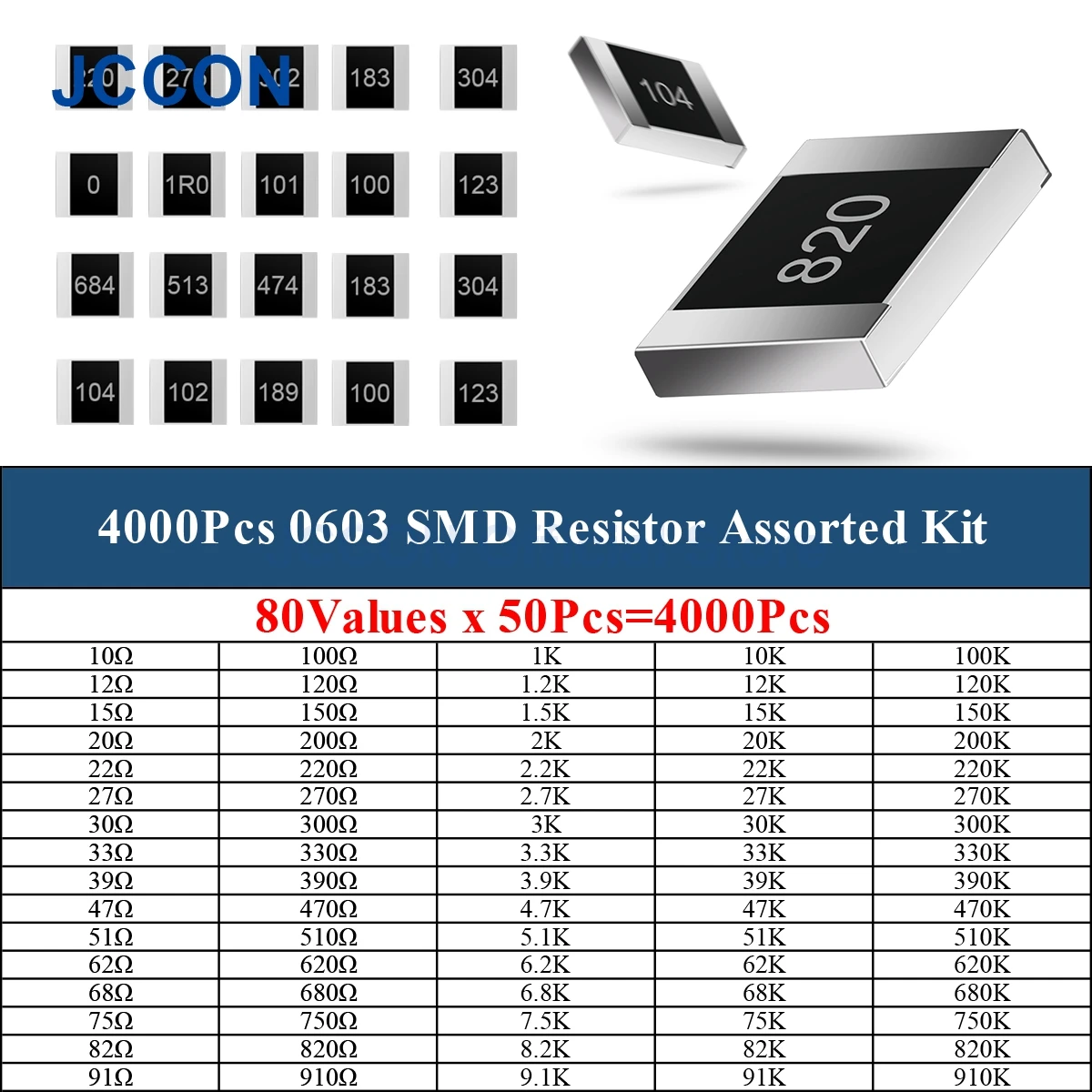 4000Pcs 0603 SMD Resistor Assorted Kit 10R-910K 80Values x 40Pcs=4000Pcs Sample Kit Chip Fixed Resistor DIY