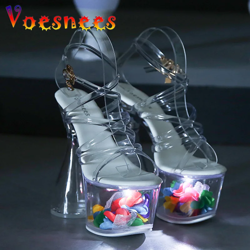 Summer Sandals Light Up Glowing Buckle Strap Party High Heels Nightclub Transparent Petal Platform Round Heel Striptease Shoes