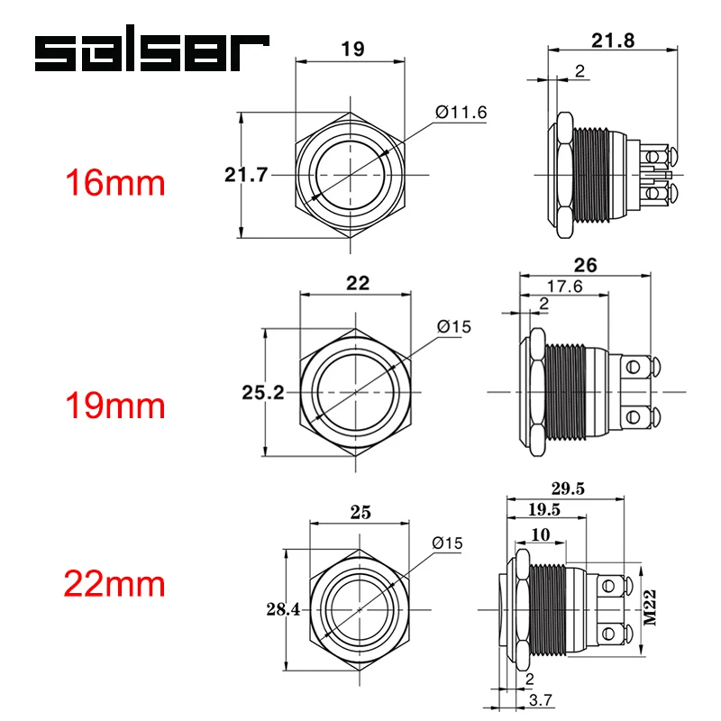 16/19/22mm Metal Push Button Switch With Black Arrow Flat Head Screw Feet Self Reset Momentary One Normally Open 1NO