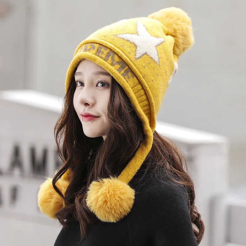 

2020 Women's Hat Knitted Wool Warm Winter Beanie Thickened Windproof Cap Big Stars with Pompoms Designer Bonnets