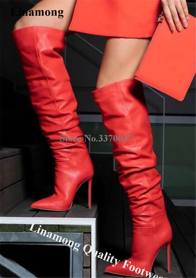 Linamong Elegant Pointed Toe Stiletto Heel Knee High Boots Red Leather Slip-on Long High Heel Boots Club Dress Shoes Big Size