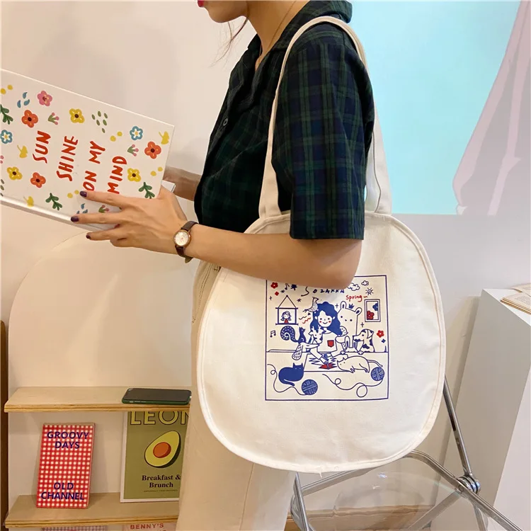 

Women shoulder bag soft cute literary student class bag white Japanese Korean chic simple canvas bag wholesale reusable bag