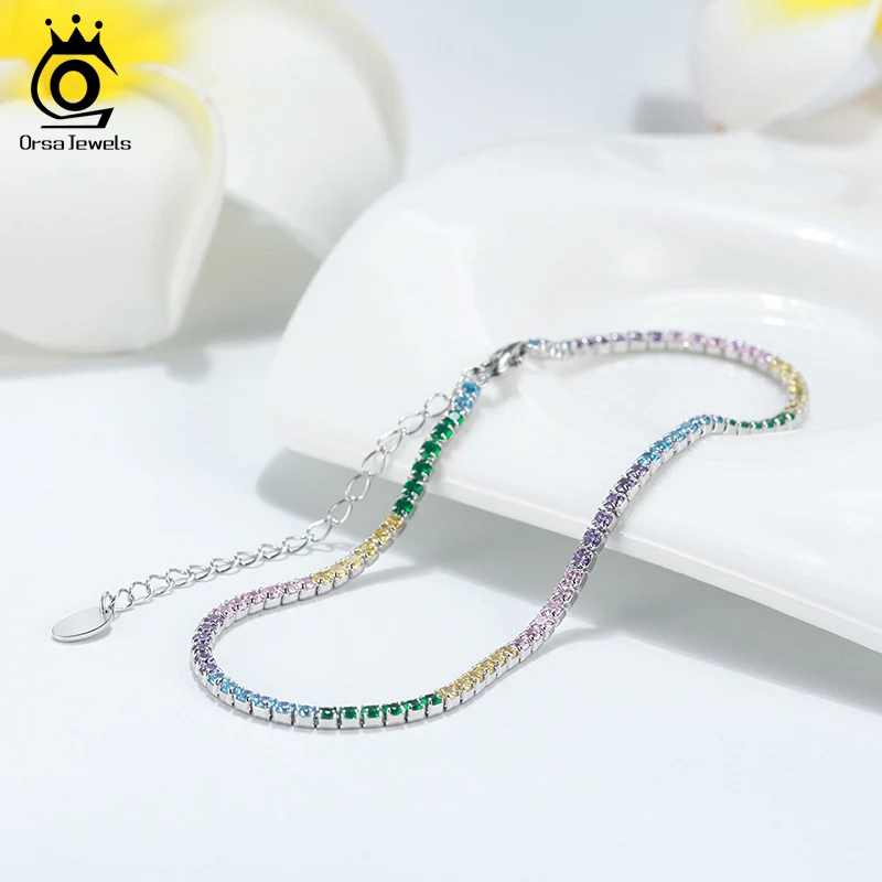 ORSA JEWELS 925 Sterling Silver Tennis Anklet Rainbow Colors AAAA Zirconia Full Paved Anklet for Girls Woman Ankle Chain SA04