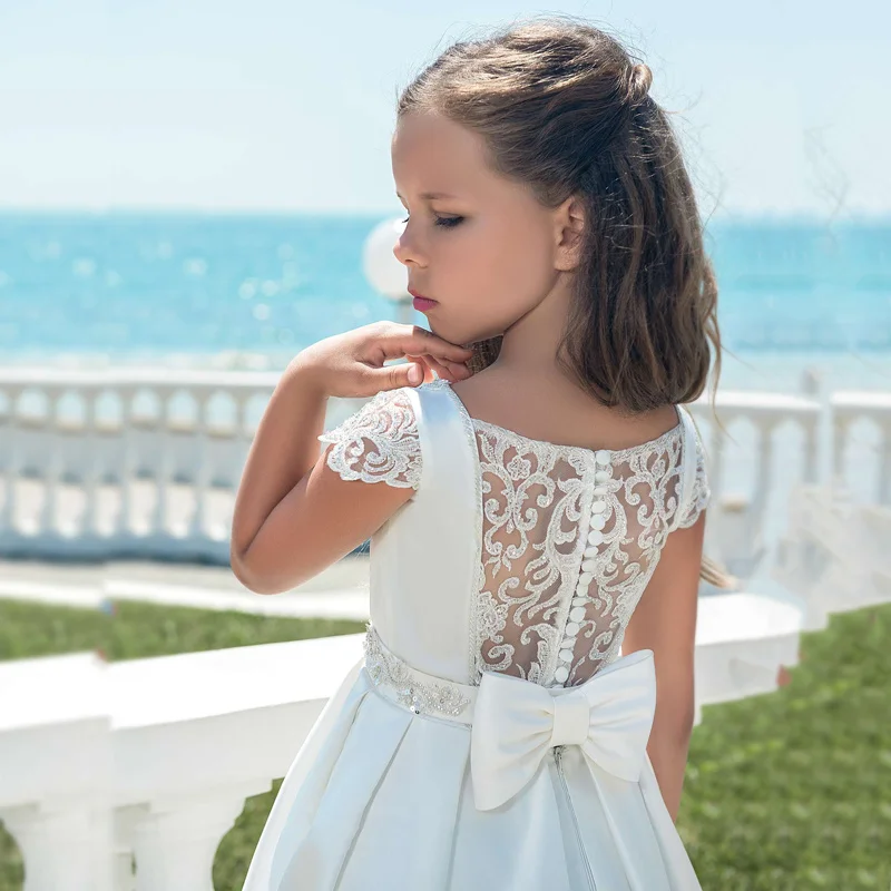 Vestidos elegantes de cetim infantil, vestidos para casamento, primeira comunhão, com manga curta, miçangas, festa de casamento