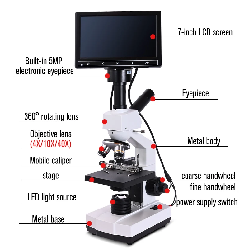 Professional blood cells 5MP HD Digital Binocular biological Lab Microscope USB led +7-inch LCD + electronic eyepiece +Metal box