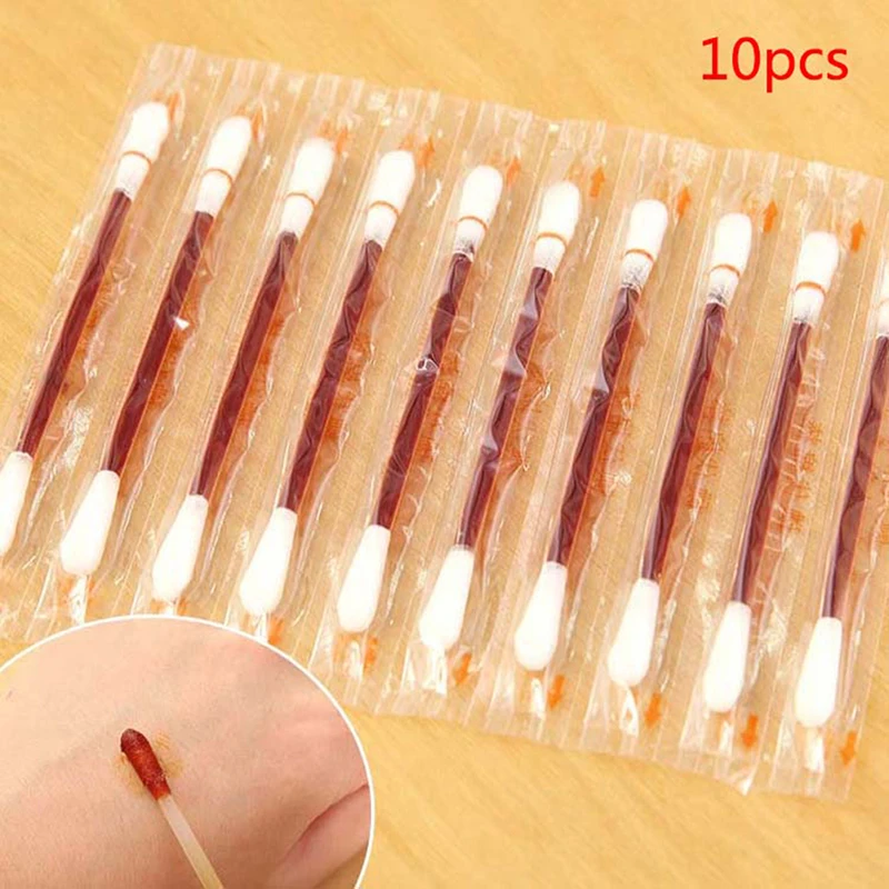 Hisopo médico desechable de algodón, palo de yodo para desinfección del hogar, brotes de madera de doble cabeza, limpieza de nariz y orejas, 10