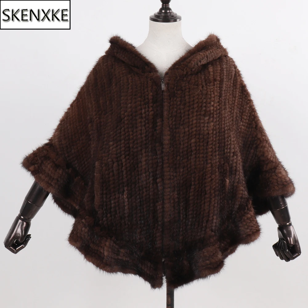 2024 New Women Natural Mink Fur Hooded Pashmina Jacket 100% Genuine Mink Fur Shawl Lady Luxury Hand Knitted Real Mink Fur Poncho